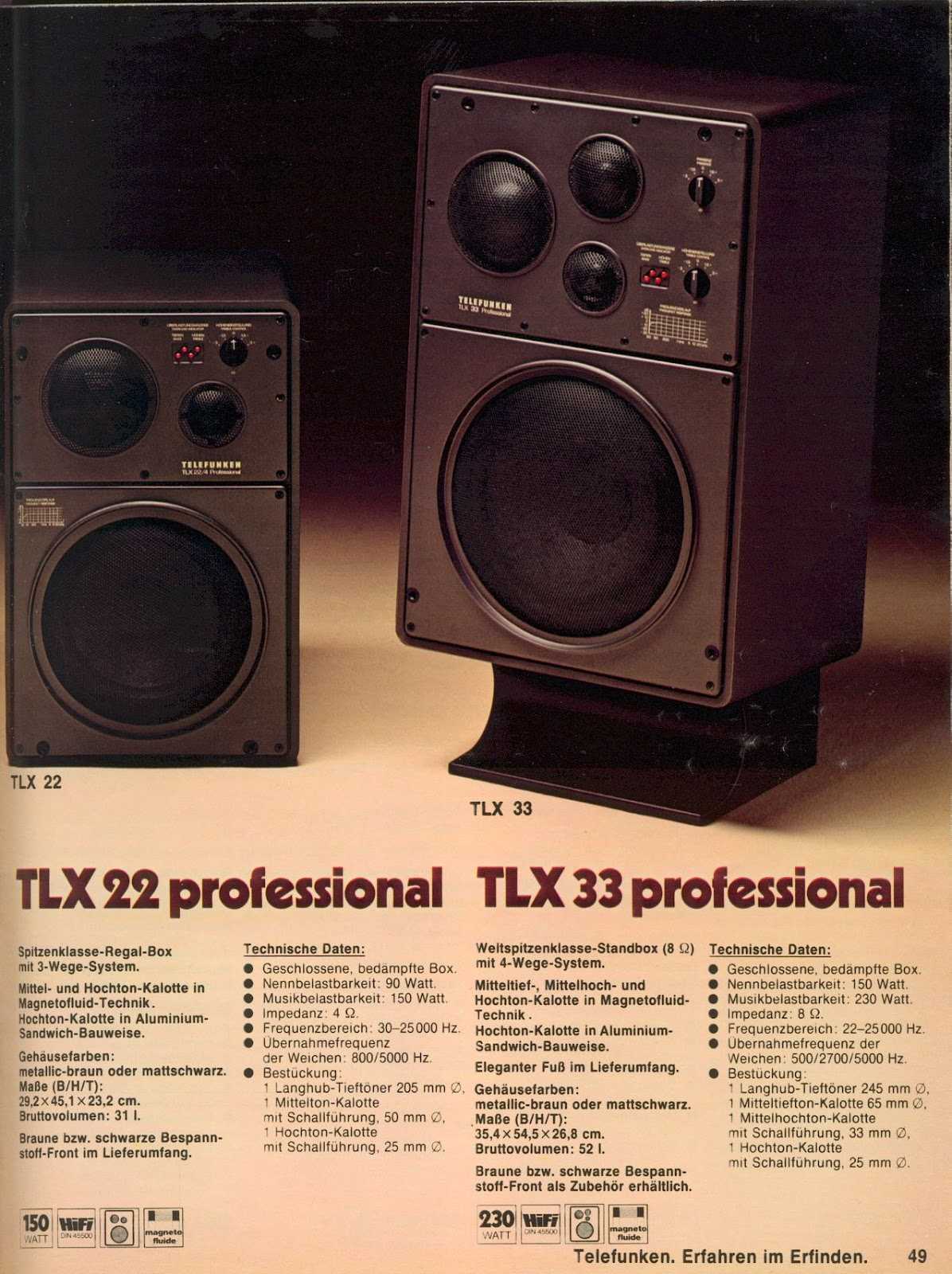 Telefunken TLX 3 редкий, очень редкий четырех-полосный громкоговоритель от бренда Telefunken, которому мы обязаны магнитной ленте когда еще в 1935г, он состоял в консорциуме AEG и видео в формате PAL Среди прочих профессиональных акустика Telefunken TLX 3