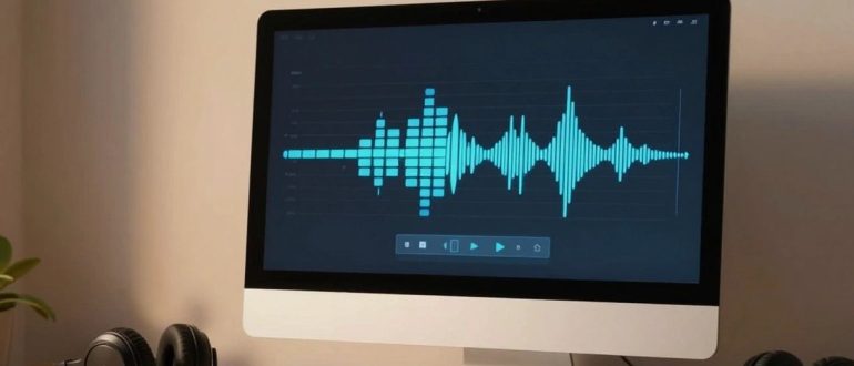 Монитор компьютера с интерфейсом аудиоплеера и наушники на рабочем столе