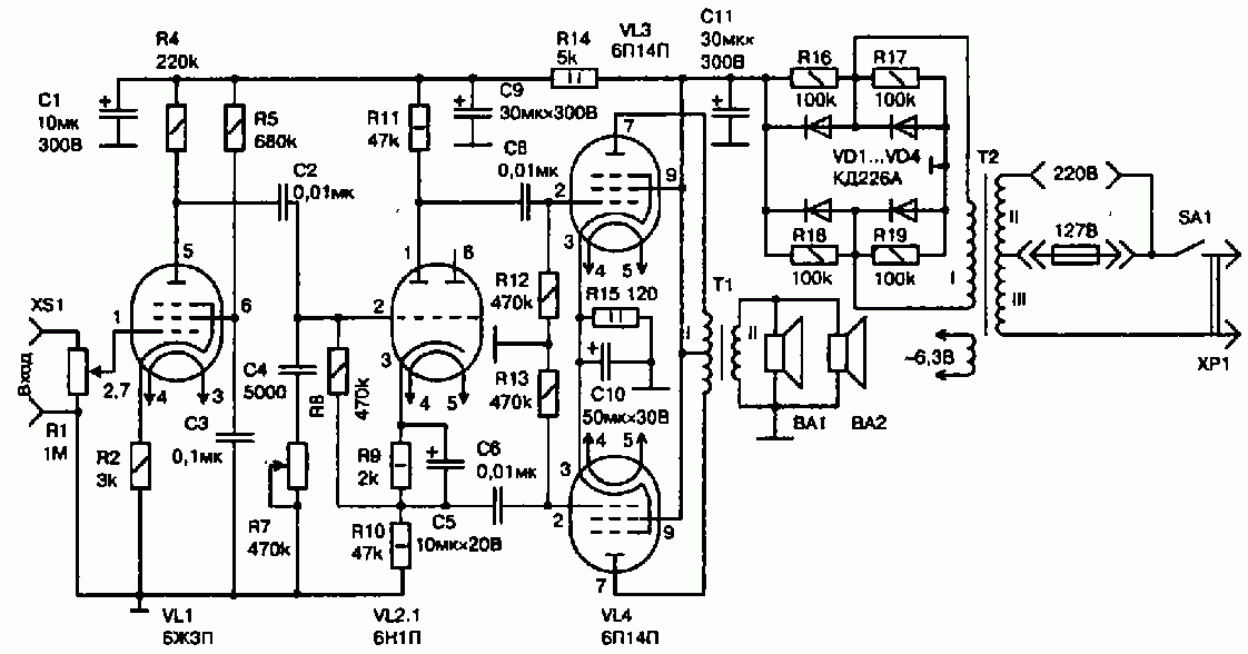 Схема мостового стерео умзч к. вайсбейна на лампах 6н1п, 6п41с (20вт)